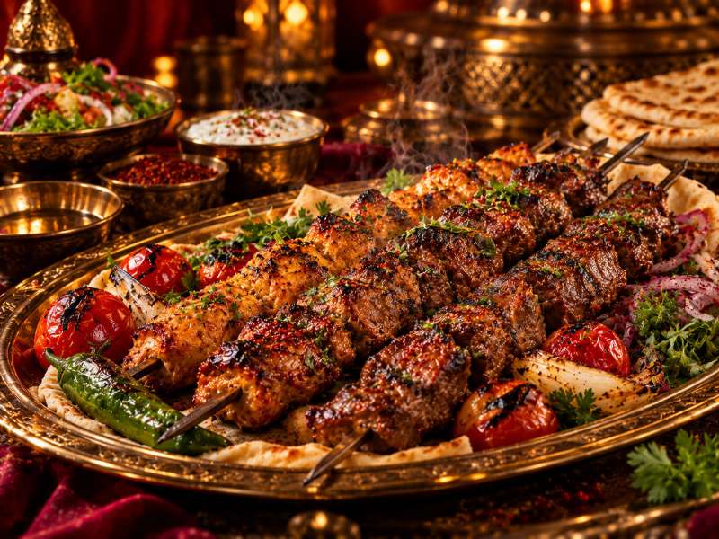 Colourful grilled kebab platter